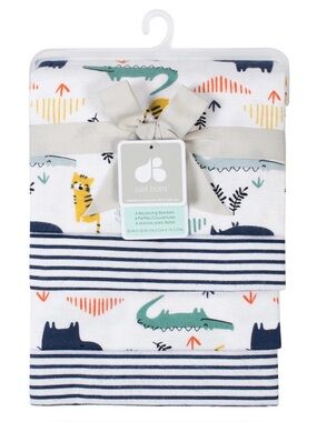 Just Born Baby Receiving Blanket Set - White with Navy & Multi Animal Print